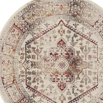 6' Ivory Red And Orange Floral Distressed Round Rug