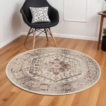 6' Ivory Red And Orange Floral Distressed Round Rug