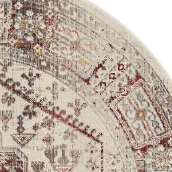 6' Ivory Red And Orange Floral Distressed Round Rug