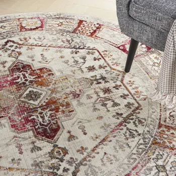 6' Ivory Red And Orange Floral Distressed Round Rug