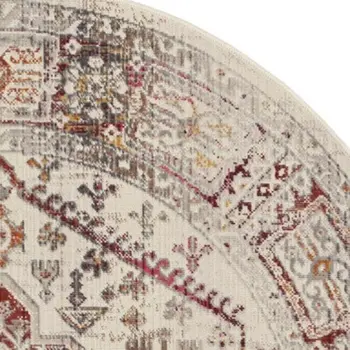 6' Ivory Red And Orange Floral Distressed Round Rug