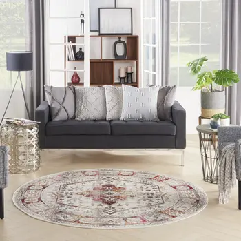 6' Ivory Red And Orange Floral Distressed Round Rug