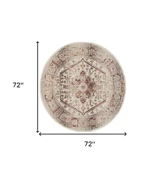 6' Ivory Red And Orange Floral Distressed Round Rug