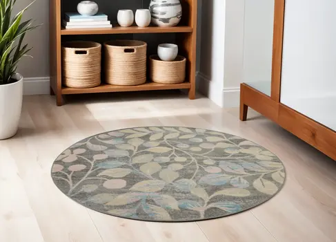 5' Beige Gray And Blue Botanical Leaves Round Rug