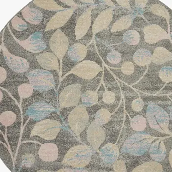 5' Beige Gray And Blue Botanical Leaves Round Rug