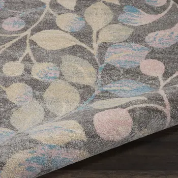 5' Beige Gray And Blue Botanical Leaves Round Rug