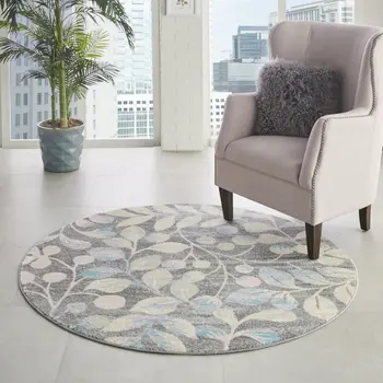 5' Beige Gray And Blue Botanical Leaves Round Rug