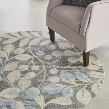 5' Beige Gray And Blue Botanical Leaves Round Rug
