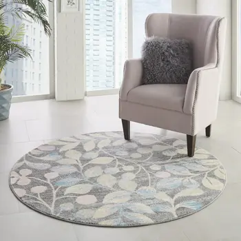 5' Beige Gray And Blue Botanical Leaves Round Rug