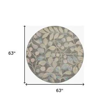 5' Beige Gray And Blue Botanical Leaves Round Rug