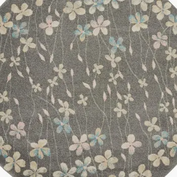 5' Beige And Gray Floral Round Rug