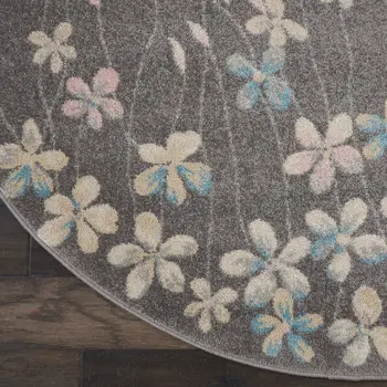 5' Beige And Gray Floral Round Rug