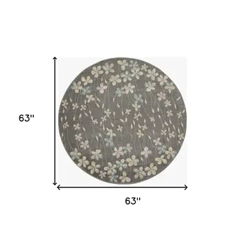 5' Beige And Gray Floral Round Rug