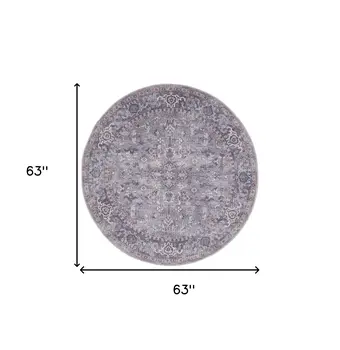 5' Gray and Beige Round Floral Power Loom Distressed Area Rug