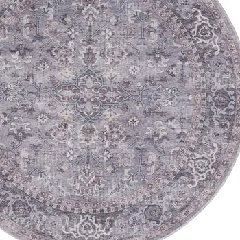 5' Gray and Beige Round Floral Power Loom Distressed Area Rug