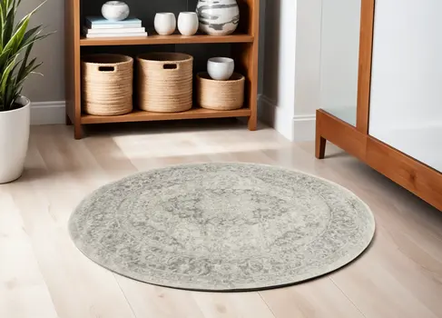 5' Ivory And Gray Floral Medallion Distressed Round Rug