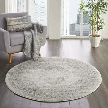 5' Ivory And Gray Floral Medallion Distressed Round Rug