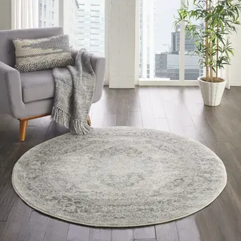 5' Ivory And Gray Floral Medallion Distressed Round Rug