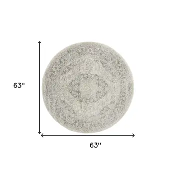 5' Ivory And Gray Floral Medallion Distressed Round Rug