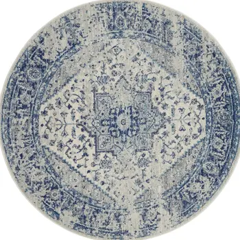 5' Ivory And Light Blue Floral Medallion Distressed Round Rug
