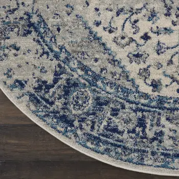 5' Ivory And Light Blue Floral Medallion Distressed Round Rug