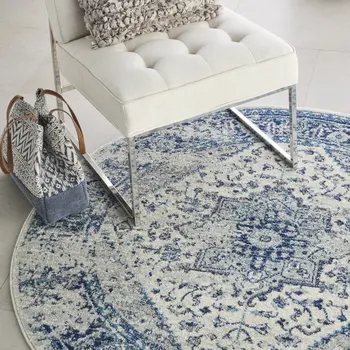 5' Ivory And Light Blue Floral Medallion Distressed Round Rug