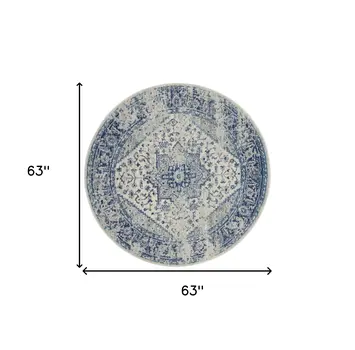 5' Ivory And Light Blue Floral Medallion Distressed Round Rug