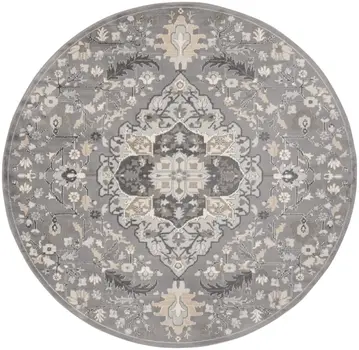 5' Ivory Black and Gray Floral Medallion Non Skid Round Rug