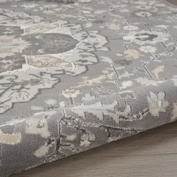 5' Ivory Black and Gray Floral Medallion Non Skid Round Rug