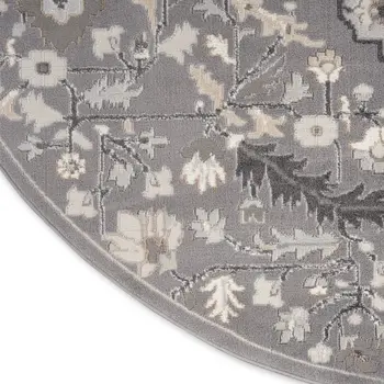 5' Ivory Black and Gray Floral Medallion Non Skid Round Rug