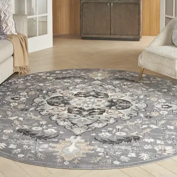 5' Ivory Black and Gray Floral Medallion Non Skid Round Rug