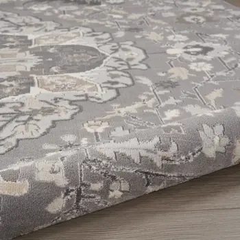 5' Ivory Black and Gray Floral Medallion Non Skid Round Rug