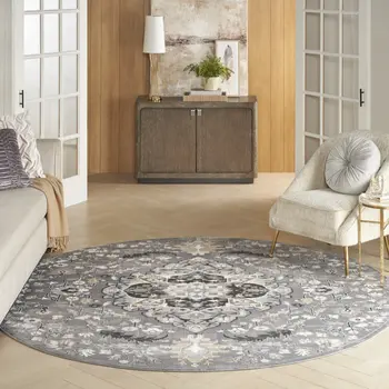 5' Ivory Black and Gray Floral Medallion Non Skid Round Rug