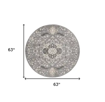 5' Ivory Black and Gray Floral Medallion Non Skid Round Rug