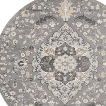 5' Ivory Black and Gray Floral Medallion Non Skid Round Rug