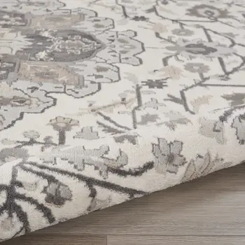 5' Ivory Black and Gray Floral Medallion Non Skid Round Rug