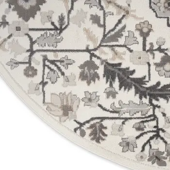 5' Ivory Black and Gray Floral Medallion Non Skid Round Rug