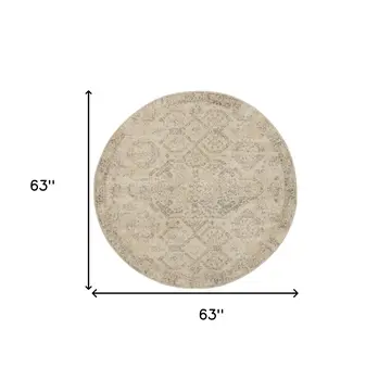 5' Beige And Gray Geometric Distressed Round Rug