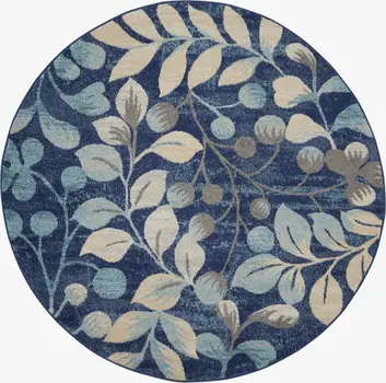 5' Navy Blue and Beige Botanical Leaves Round Rug