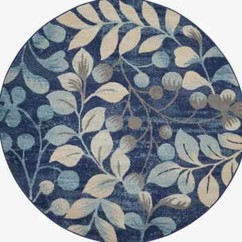 5' Navy Blue and Beige Botanical Leaves Round Rug