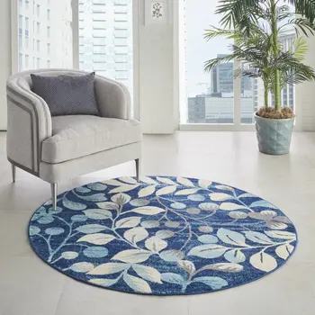 5' Navy Blue and Beige Botanical Leaves Round Rug