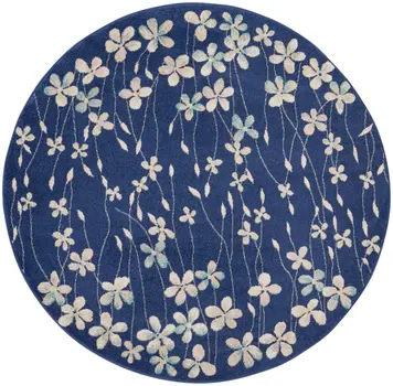 5' Navy Blue and Ivory Floral Round Rug