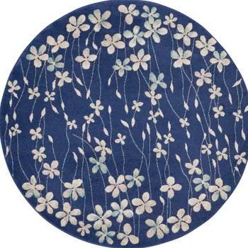 5' Navy Blue and Ivory Floral Round Rug