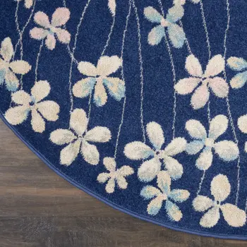 5' Navy Blue and Ivory Floral Round Rug