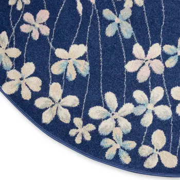 5' Navy Blue and Ivory Floral Round Rug