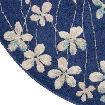 5' Navy Blue and Ivory Floral Round Rug