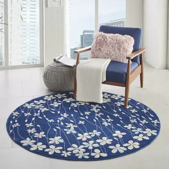 5' Navy Blue and Ivory Floral Round Rug