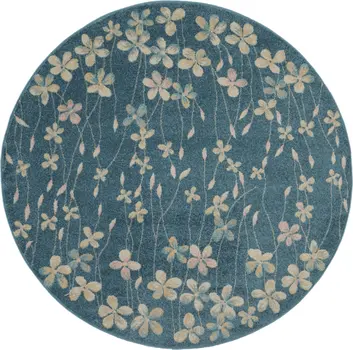 5' Turquoise and Cream Botanical Leaves Round Rug