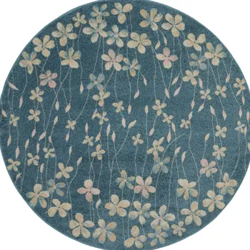 5' Turquoise and Cream Botanical Leaves Round Rug