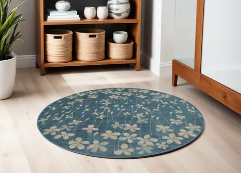 5' Turquoise and Cream Botanical Leaves Round Rug